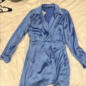 Zara Blue Satin Wrap Dress